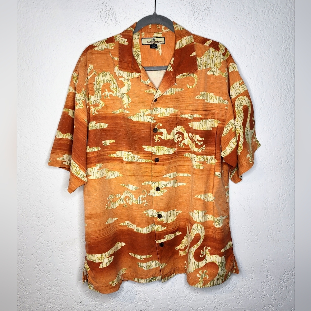 Tommy Bahama Sz L Silk Casual Tropical Button Down Shirt, Short Sleeves, Orange